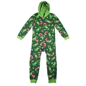 Minecraft Boys Pajamas Creeper TNT Hooded One Piece Sleeper M 8/10 Green Fleece